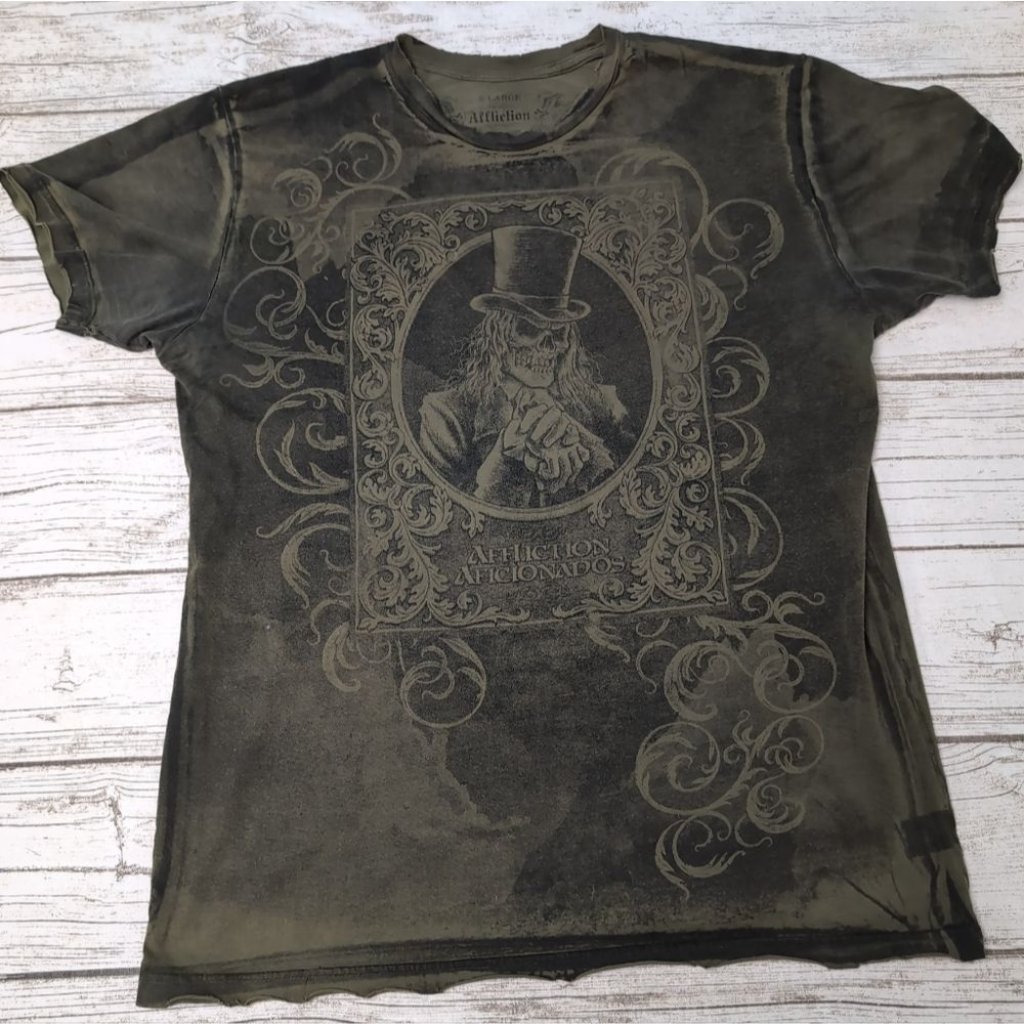Affliction Afficionado Dark Green Playing Card Skull Top Hat Y2k Shirt Size Xl